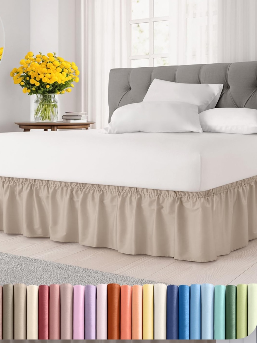 Queen Size Wrap Around Bed Skirt Dust Ruffle 15” Drop - WHEAT